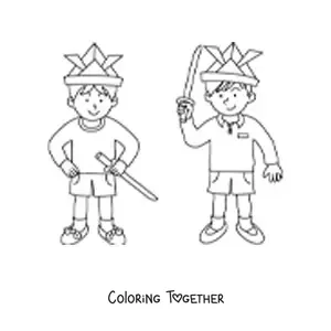 Coloring page of two children playing with toy swords