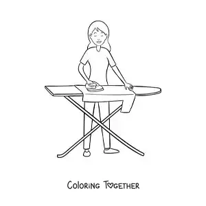 Coloring page of a girl ironing a shirt on an ironing board