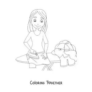 Coloring page of a young woman ironing clothes on an ironing board