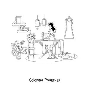 Coloring page of the silhouette of a woman ironing clothes at home