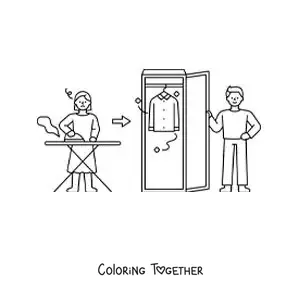 Coloring page of a woman ironing clothes to hang in the closet