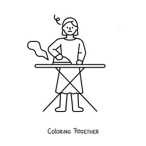 Coloring page of a woman ironing clothes on an ironing board