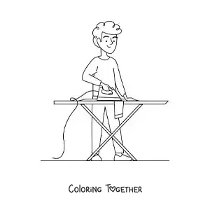 Coloring page of a young boy ironing clothes on an ironing board