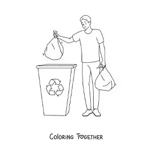 Coloring page of a boy carrying trash bags to a recycling bin