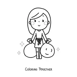 Coloring page of a girl taking out the trash