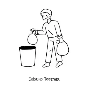 Coloring page of a man taking out the trash at home
