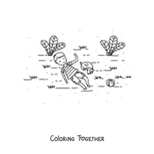 Coloring page of a boy lying on the grass next to a dog in a garden