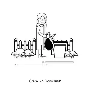 Coloring page of a woman throwing a trash bag into the bin