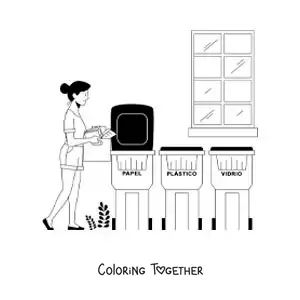 Coloring page of a girl carrying waste to the recycling bin