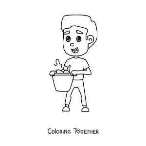 Coloring page of a boy with a trash bin