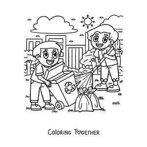 Coloring page of two children sweeping the yard and taking out the trash