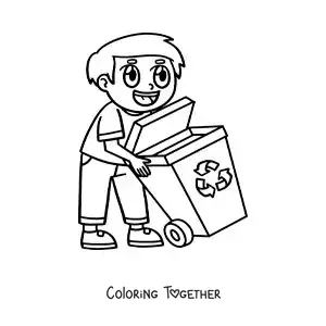 Coloring page of a boy carrying a recycling bin