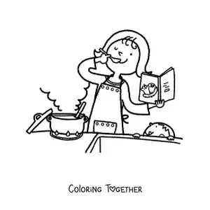 Coloring page of a mother cooking a recipe with her son