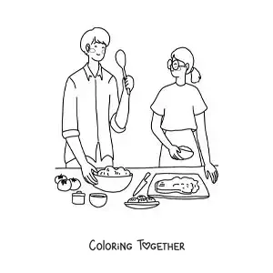 Coloring page of a couple cooking together