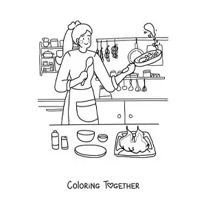 Coloring page of a woman cooking at home