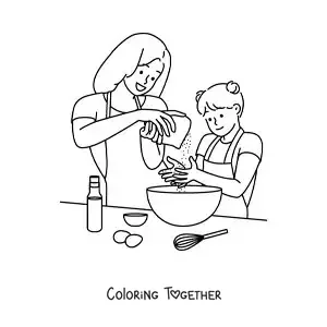 Coloring page of a mother cooking with her daughter