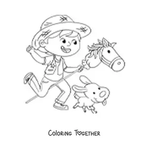 Coloring page of a boy playing dressed up as a cowboy
