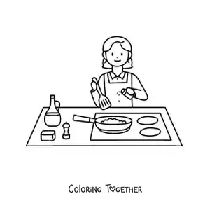 Coloring page of a girl cooking in a frying pan