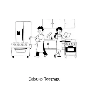 Coloring page of mom and dad cooking at home