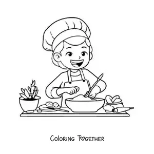 Coloring page of a little girl cooking with a chef's hat
