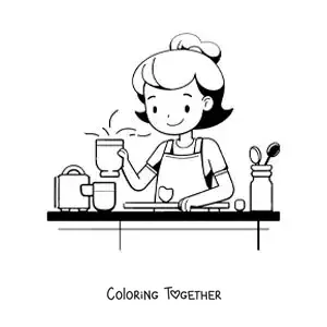 Coloring page of a little girl cooking at home