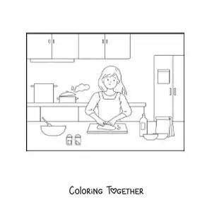 Coloring page of a mother cooking in the kitchen