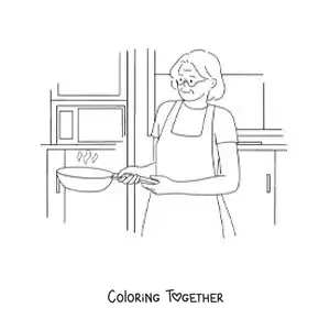 Coloring page of a grandmother cooking in a frying pan in the kitchen