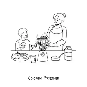 Coloring page of a mom and her son making a smoothie in the blender