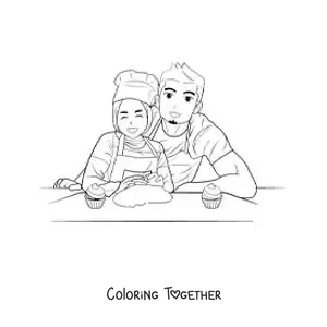 Coloring page of a dad and his daughter wearing a hijab cooking desserts