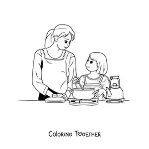 Coloring page of a girl helping her mother cook