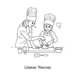 Coloring page of a mother helping her daughter cook a dessert