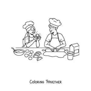Coloring page of a couple cooking empanadas