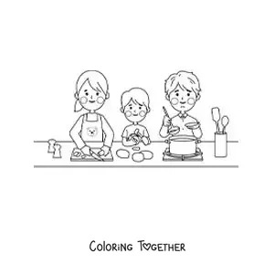Coloring page of a kawaii family cooking at home