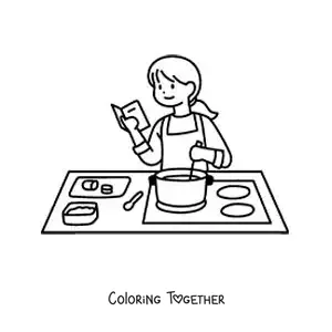 Coloring page of a woman following a cooking recipe