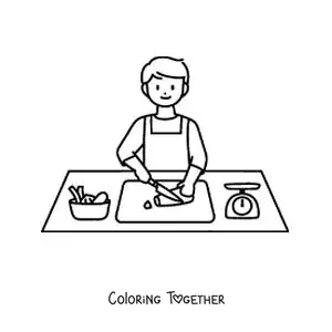 Coloring page of a man slicing vegetables in the kitchen