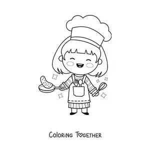 Coloring page of a kawaii girl cooking an omelette