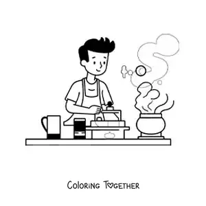 Coloring page of a man cooking at home