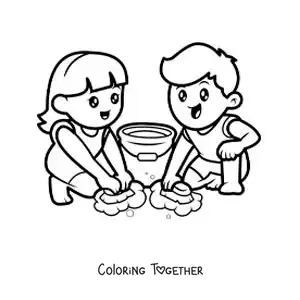 Coloring page of two kawaii children mopping the floor at home
