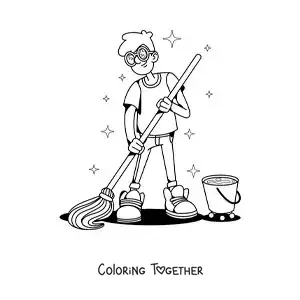 Coloring page of a boy mopping the floor at home