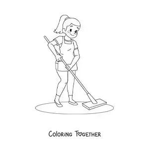 Coloring page of a mother cleaning the floor with a mop