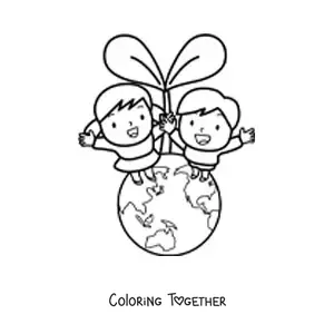 Coloring page of two children taking care of the planet