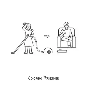 Coloring page of a woman vacuuming the house vs a man with a robot vacuum