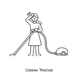 Coloring page of a woman exhausted from vacuuming the floor