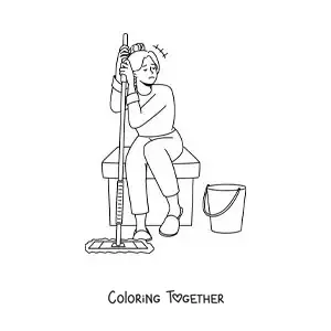 Coloring page of a girl exhausted from mopping the floor