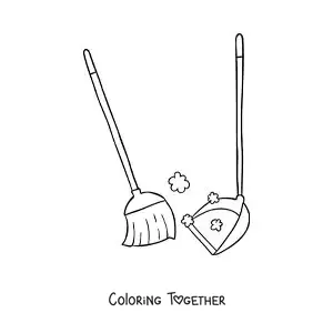 Coloring page of a broom sweeping dust and a dustpan