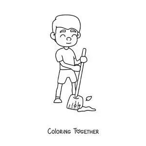 Coloring page of a boy helping to sweep at home