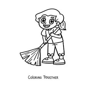Coloring page of a kawaii girl helping to sweep at home