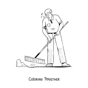 Coloring page of a grandfather sweeping the floor at home