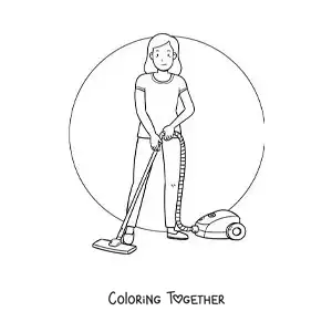 Coloring page of a mother vacuuming the floor at home