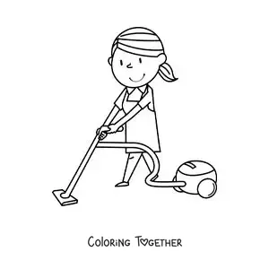 Coloring page of a cartoon woman vacuuming the floor